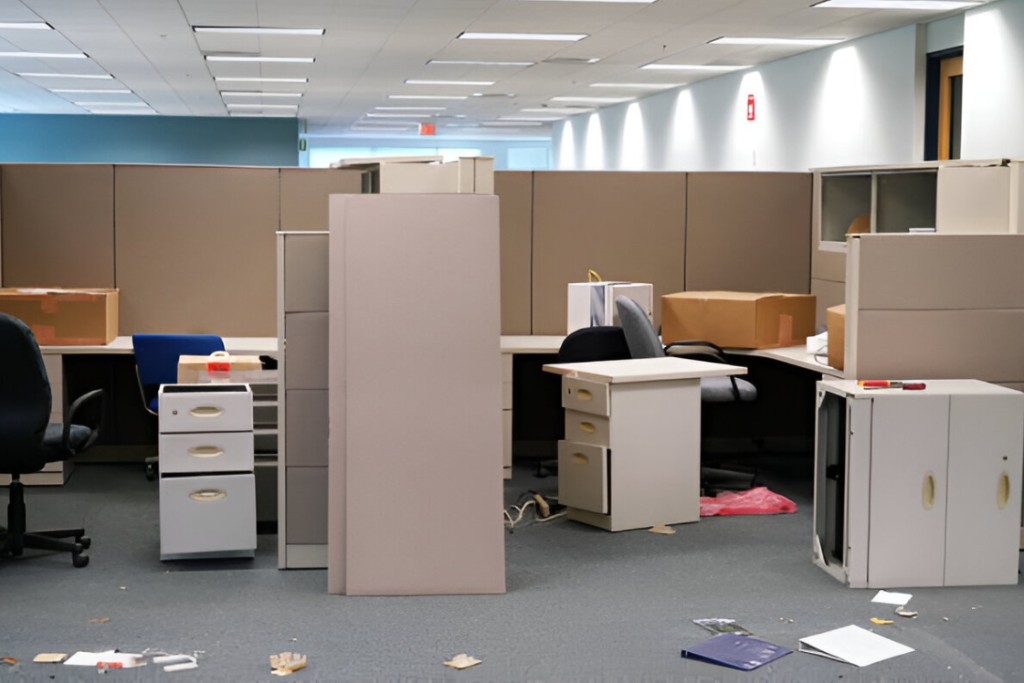 Cluttered office cubicles with boxes and waste — commercial clean-out and rubbish removal