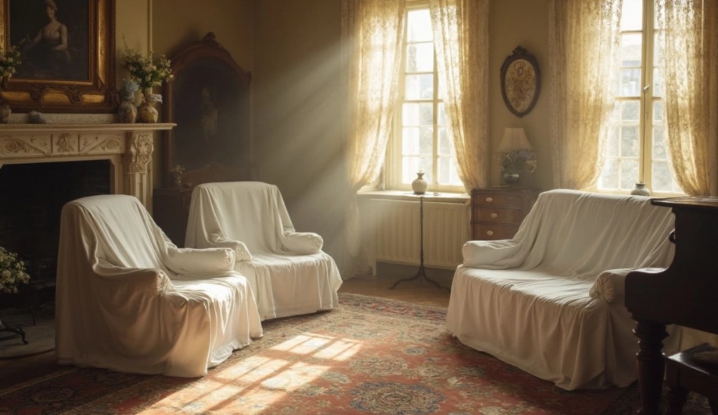 Living room with furniture respectfully covered — deceased estate clearance and house clearances