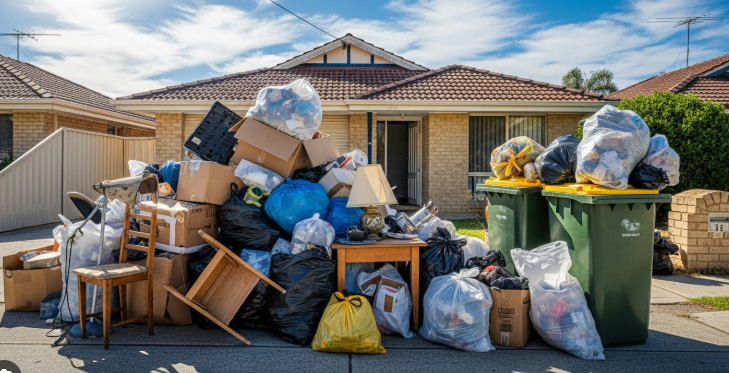 Driveway pile of household junk, furniture, and bins — typical residential rubbish removal job