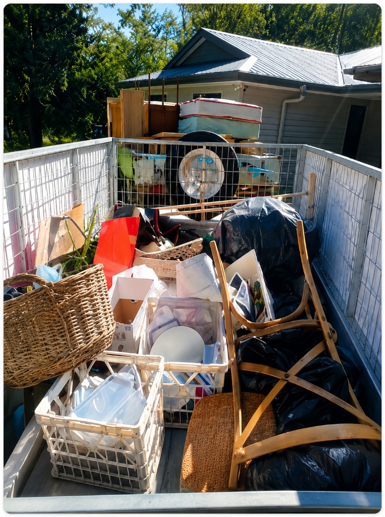 Caged trailer loaded with household items, furniture and rubbish for removal